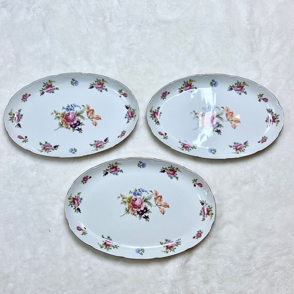 Lot of 3 Vintage JL Menau Graf Von Henneberg Floral Oval Platter Plate Germany